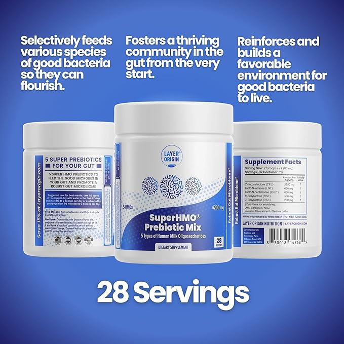 Layer Origin SuperHMO Prebiotic Mix with 5-HMO Prebiotic Fiber for Gut, Digestion, Brain Health - Powder, 28 Servings