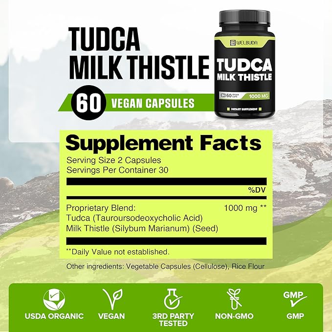 WELBUDA 1000mg Tudca Supplement with Milk Thistle Extract - 60 Vegan Capsules - Support for Immune System, Digestion Health, Body Purification & Brain Health
