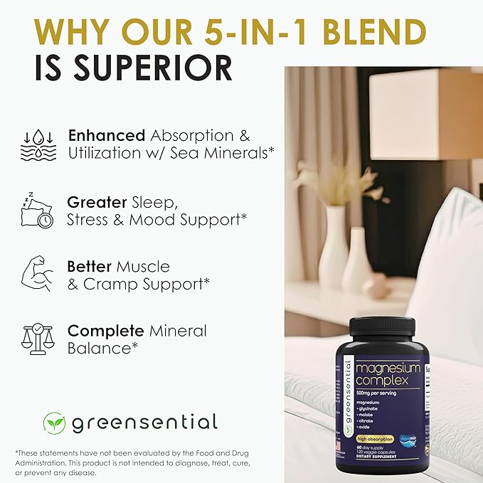 Greensential 5-in-1 Magnesium Complex 500mg | Glycinate, Malate, Citrate, Oxide & Aquamin® | Advanced Sleep, Muscle & Heart Support | Made in USA, Vegan, 120 Capsules