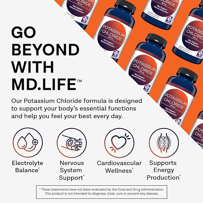 MD Life Potassium Chloride Supplement - Third Party Lab Tested - Potassium Chloride Capsules May Help Support Muscle Function & Healthy Blood Pressure Vegetarian Potassium Supplement (60 Capsules)