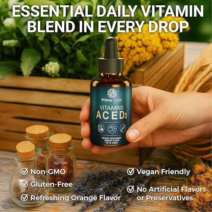 Prime Code Liquid Vitamin A Supplement for Women & Men with Vitamin C E and D3, Vitamin A C E D3 Drops for Adults, Non-GMO, Faster Absorption & Immune Support, Natural Orange Flavor Drops