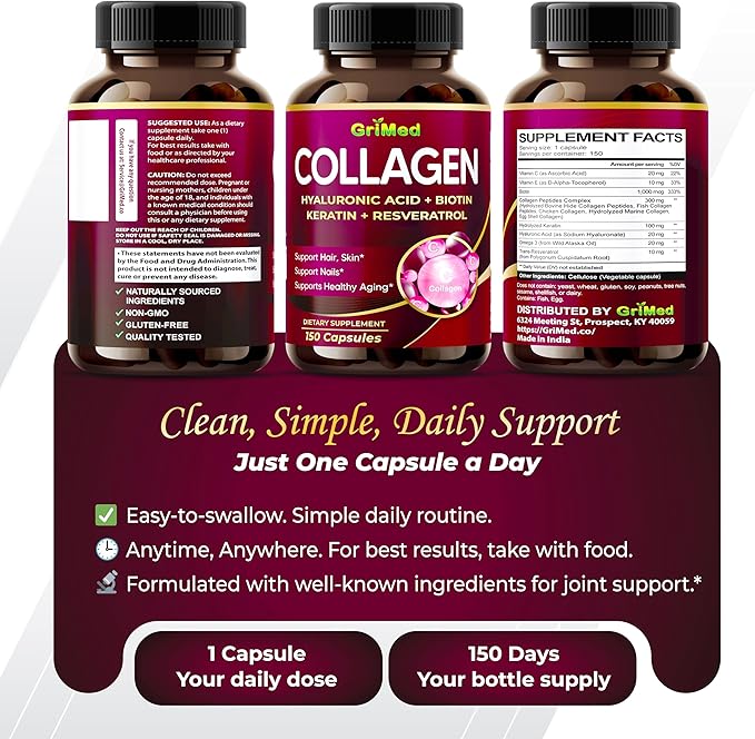 GriMed Organic Collagen 6,419 mg with Hyaluronic Acid, Biotin, Keratin, Resveratrol Hair Skin, Nails Vitamins (150 Count (Pack of 1))