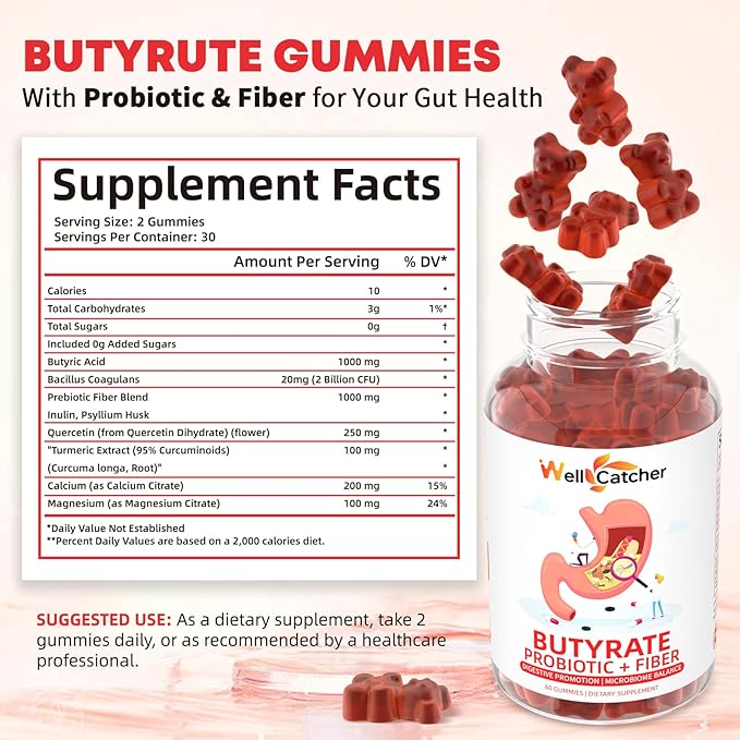 Butyrate Gummies Gut Health Supplement: Butyrate with Probiotic & Prebiotic Fiber Gummies for Women Men Sugar Free Digestive & Energy Metabolism Support Vegan Hawthorn Flavor 30 Days Supply