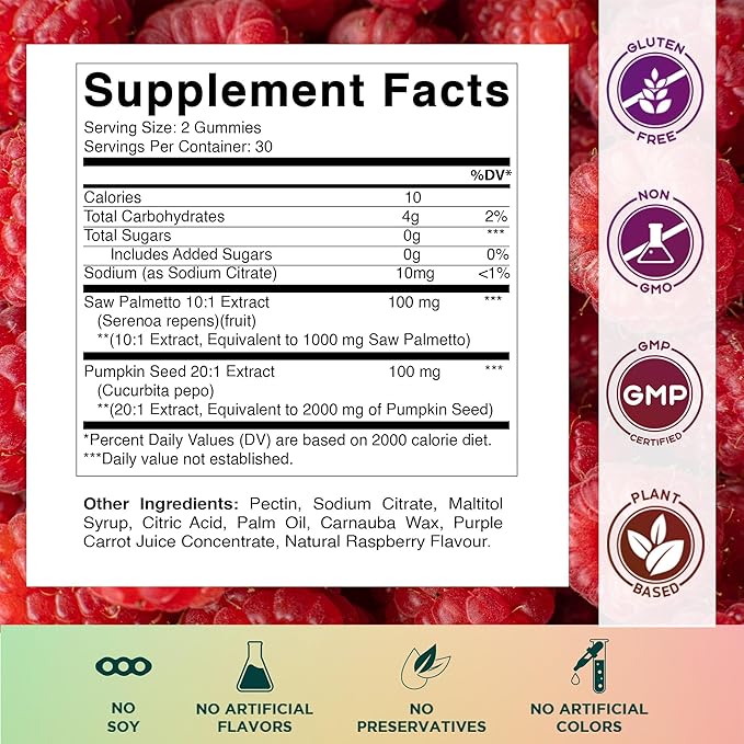 Vitamatic Saw Palmetto & Pumpkin Seed Gummies – Sugar-Free Botanical Extract – Natural Raspberry Flavor – Vegan, Non-GMO, Plant-Based Gummies – 60 Count