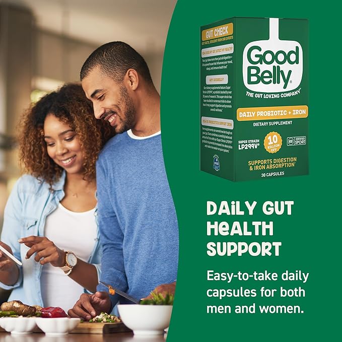 GoodBelly Probiotic Capsules for Digestive Health & Iron Absorption | Vegan Probiotic Supplement with 10 Billion Live Cultures | Probiotics for Women & Men | 30 Capsules