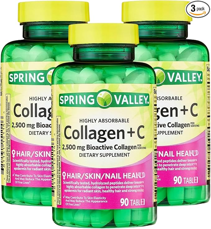 Collagen 2500mg with Vitamin C – Hydrolyzed Collagen Pills Peptides Supplement, 90 Tablets, Daily Collagen Vitamins for Hair Skin Nail Support, Gluten Free (Pack of 3)