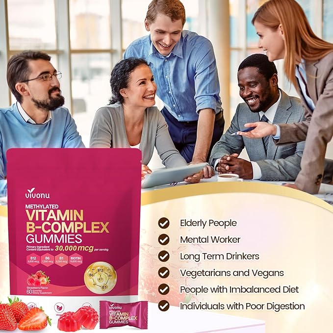 VivoNu Vitamin B Complex Gummies, 6000 mcg Methylated Vitamin B12, with B6 B1, B2, B3, B5, B7, Methylfolate, Vitamins A C D E, Vegan, Non GMO, Methylated B Complex Vitamin (2 Bag)