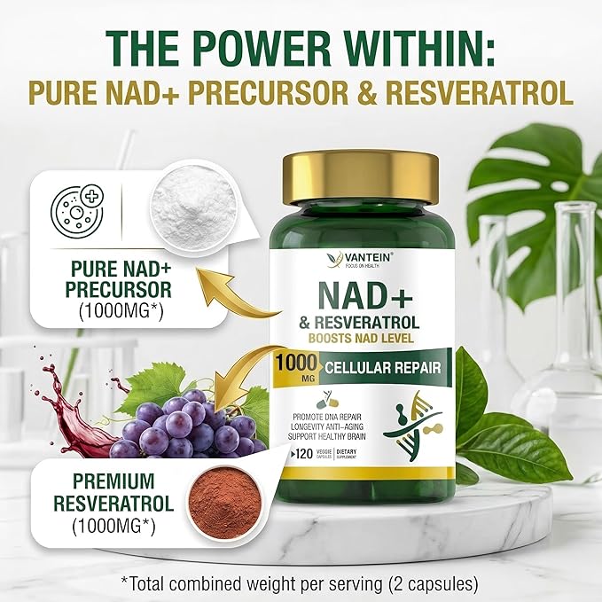 NAD+ & Resveratrol Supplement - NMN Alternative with 120 Capsules, Anti-Aging Cellular Support, Energy & Longevity Booster, DNA Repair Formula