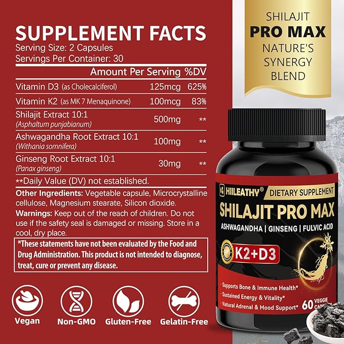 2 Pack Shilajit for Men Women, Shilajit w/Vitamin D3 K2, Shilajits for Men w/Fulvic Acid Ashwagandha, Shilajits for Extra Power Stamina Immune Support, Non-GMO Made in US 60 Capsules