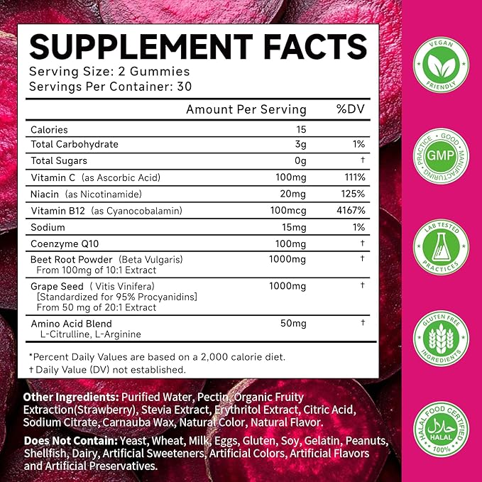 Beetroot Gummies with Grape Seed, Niacin, CoQ10, Vitamin C, B12, L-Citrulline & L-Arginine, Antioxidant Support, Sugar-Free Beet Root Supplement for Women & Men, 60 Count