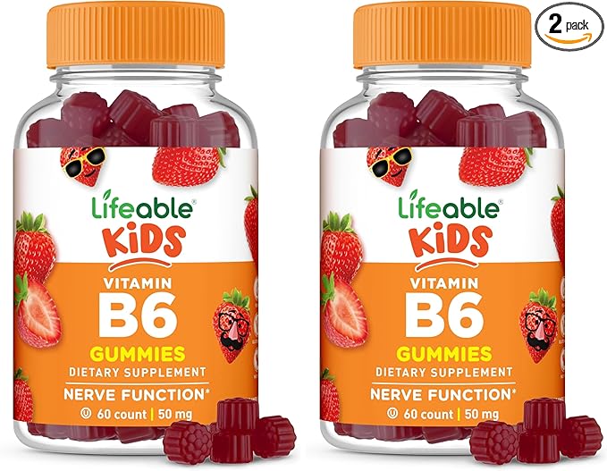 Lifeable Vitamin B6 Gummies for Kids | Great Tasting B6 Vitamins 50mg | Vegan Non-GMO Gluten Free | for Nerve Function Support | 60 Gummies (Pack of 2)