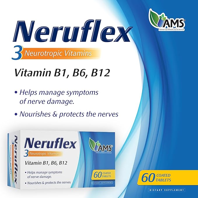 America Medic & Science NeruFlex 60ct – Nerve Support Supplement with Essential B-Vitamins – Supports Nervous System Health & Energy Production – 60 Tablets
