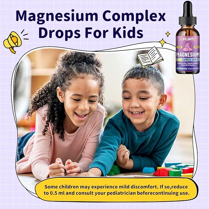 Kids Magnesium Liquid Drops-Magnesium Glycinate Liquid for Kids Supplement-w/L-theanine, Omega-3, Vitamin B6, D3 - for Sleep, Relaxation, Brain, Bones - Lemon Flavor, 4 Fl Oz