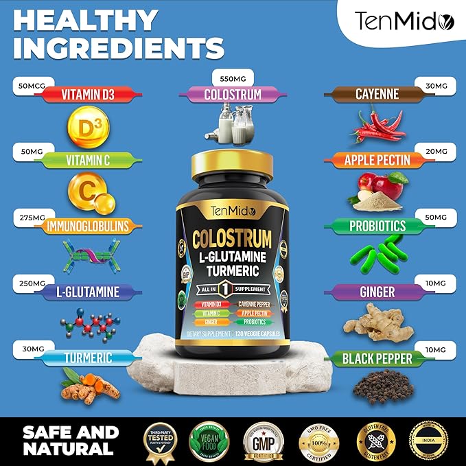 Colostrum Supplement - 10in1 Formula - Combine with L- Glutamine, Turmeric, Cayenne Pepper, Apple Pectin, Probiotics, Ginger, and More - Digestive Health, Immune Support - 120 Capsules