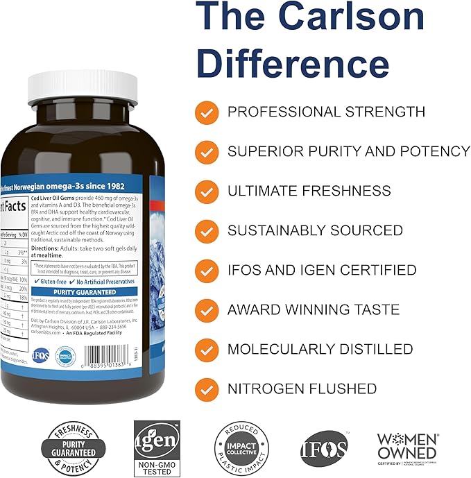 Carlson - Cod Liver Oil, 460 mg Omega-3s + Vitamins A & D3, Wild-Caught Norwegian Arctic Cod-Liver Oil, Sustainably Sourced Nordic Fish Oil Capsules, Lemon, 300 Softgels