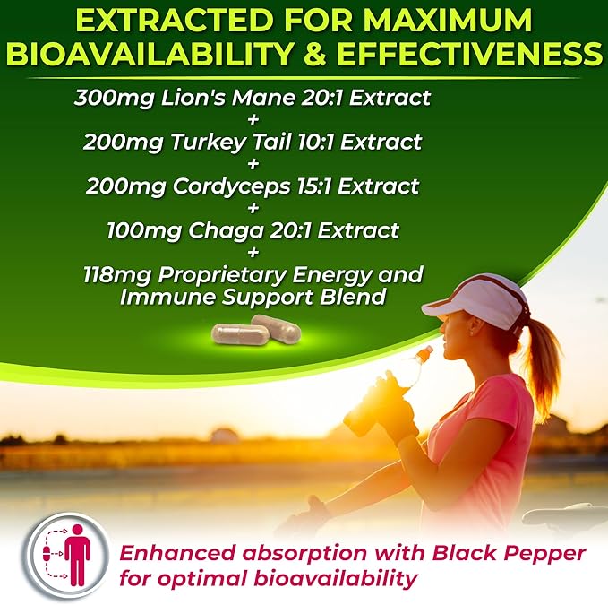 Organic Mushroom Complex: Lion's Mane, Turkey Tail, Cordyceps, Chaga, Contains Naturally Occurring Beta Glucans - Organic Energy & Immune Support Blend: Rhodiola Rosea, Ginseng & Acerola Cherry 120Ct