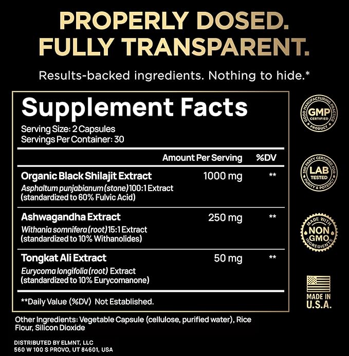 100x Strength Black Shilajit for Men w. 10% Tongkat Ali & Ashwagandha - Highest Potency Shilajit Capsules 60% Fulvic Acid Pure Himalayan Shilajit Resin - Natural Test Booster Male Enhancing Supplement