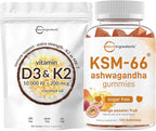 Micro Ingredients KSM-66 Ashwagandha Gummies & Vitamin D3 10,000IU + K2 Softgel | Bundle | Sugar-Free Mango Passion Fruit | Highly Bioavailable Root Extract | D & K Sunshine Vitamins + Coconut Oil