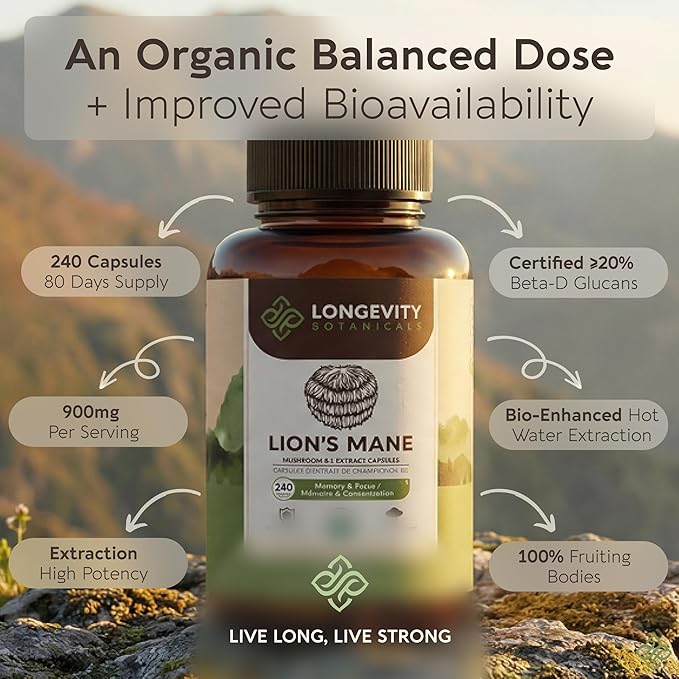 Longevity Botanicals Organic Lion's Mane Mushroom Capsules Supplement Extract 240ct | Hericium Erinaceus Fruiting Body | ≥20% Beta-D-Glucans | 80 Servings of 900mg | Supports Cognitive & Gut Wellness
