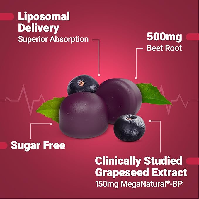 Force Factor Total Beets Gummies, Blood Pressure Support, Liposomal Beet Powder for Superior Absorption, Grape Seed for Nitric Oxide, Circulation & Heart Health, Sugar Free, Mixed Berry, 60 Gummies