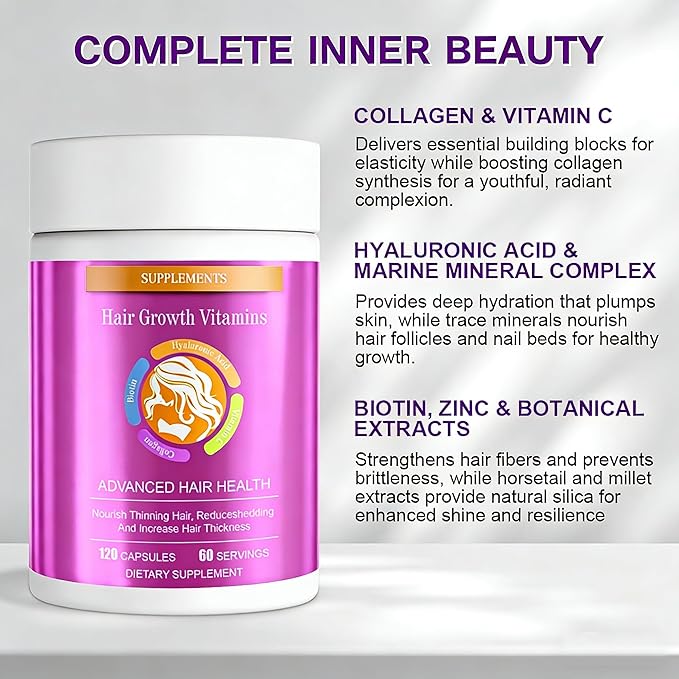 ZYXN Biotin | Collagen | Hyaluronic Acid Supplement, Clinically Proven Hair Growth Support, Skin and Nails, 25000 mcg Vitamins B2, B3, B6 & B7 + B1 & Keratin Women & Men （120 Capsules）