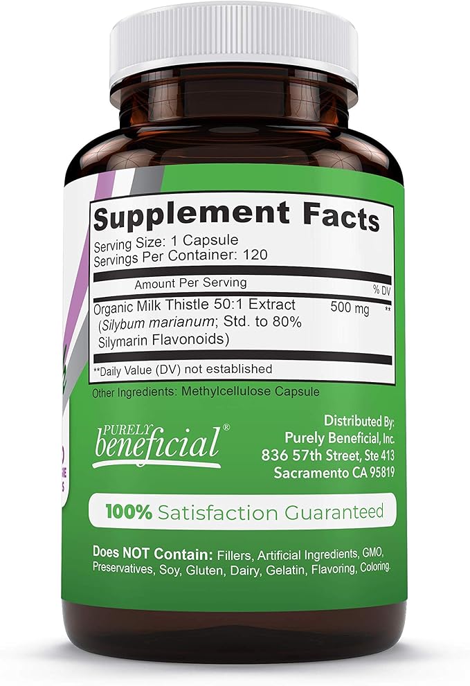 PURELY beneficial Organic Milk Thistle Capsules, 50:1 Milk Thistle Extract, Liver Cleanse & Antioxidant Support, 120 Veg Capsules, Vegan & Non-GMO