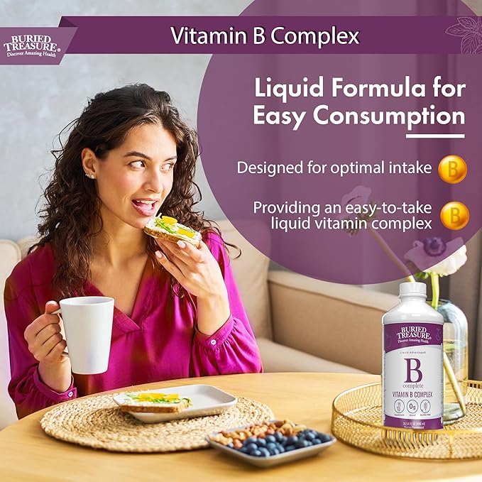 Buried Treasure B Complete - Liquid Vitamin B Complex with MethylCobalamin B12 & MethylFolate B9, Biotin, B1, B2,B3, B5, B6, Liquid & Sugar-Free, Women & Men, Dose Cup for Measuring
