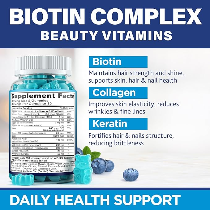 Biotin Gummies with Collagen & Keratin - Hair Growth Support, Skin and Nail Strength Vitamins for Women & Men - Vitamin B7 + B-Complex, MSM, Bamboo Extract - Beauty Chew Supplement - 60 Gummy Bears
