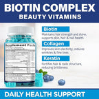 Biotin Gummies with Collagen & Keratin - Hair Growth Support, Skin and Nail Strength Vitamins for Women & Men - Vitamin B7 + B-Complex, MSM, Bamboo Extract - Beauty Chew Supplement - 60 Gummy Bears