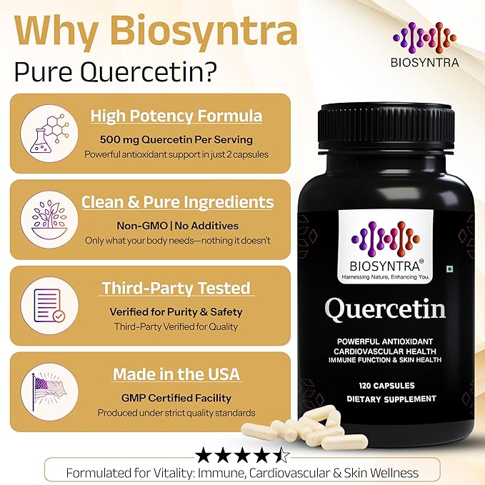 Pure Quercetin 500mg - Pure Quercetin Capsules for Immune Support & Cellular Protection – Gluten-Free, Non-GMO, 120 Capsules