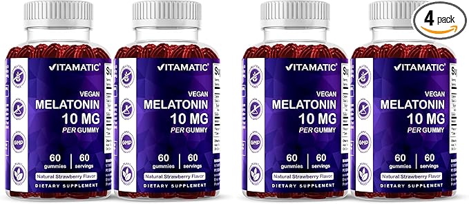 Vitamatic Melatonin 10 mg Vegetarian Gummies – Non-Habit Forming – 60 Gummies per Bottle – 4-Pack (Total 120 Vegan Gummies)