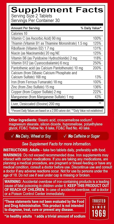 Globulo Rojo Iron Supplement - Dietary Supplement Pills with High Potency Iron & B Vitamins, 60 Tablets - 6 Pack