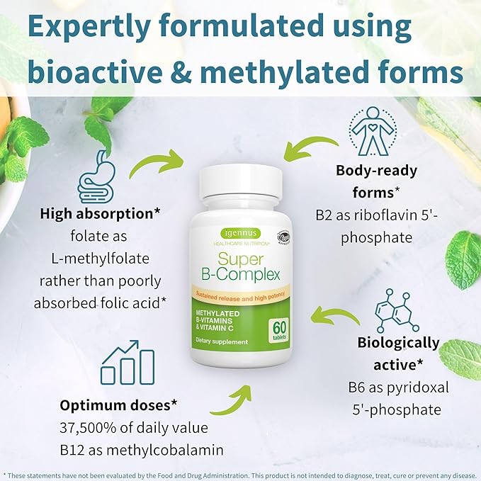 Igennus Super B-Complex Methylated B Vitamins - Sustained Release, Clean Label & High Absorption, with 5-MTHF Folate & Methyl B12, Energy, Mood & Cognitive Performance, Lab Verified, 60 Small Tablets