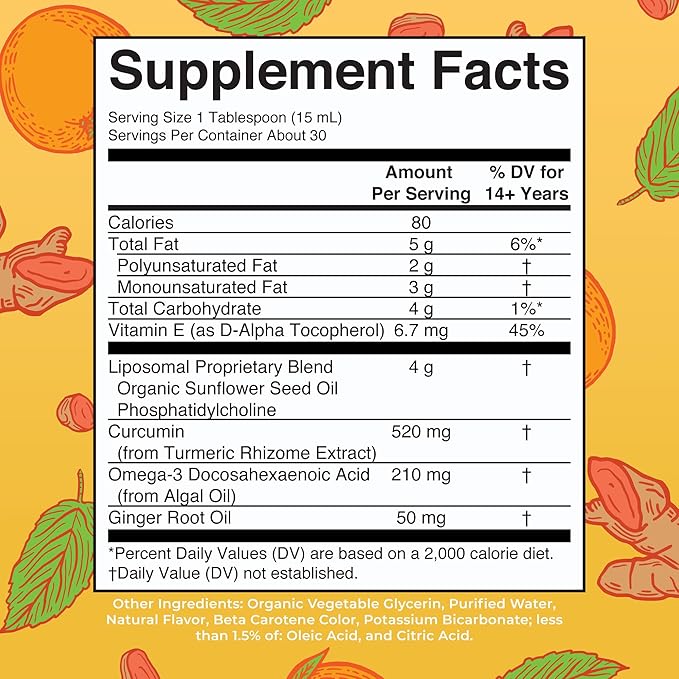 MARYRUTH'S Organics | Liposomal Turmeric & DHA | Curcumin | Ginger Root Oil | Algal DHA & Vitamin E | Cognitive Function | Mood Support | Joint Health | Liquid Supplement | 15.22 oz