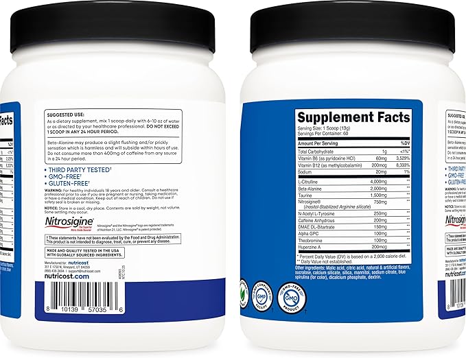 Nutricost Pre-Workout Complex Powder (60 Servings, Blue Raspberry) - Pre-Workout Supplement with Beta-Alanine, Taurine & Amino Acids