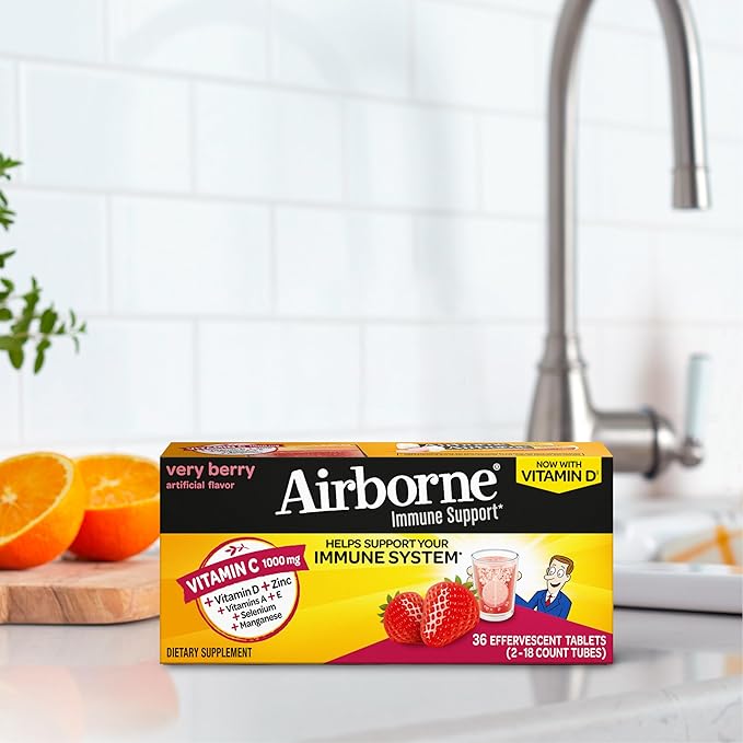 Vitamin C 1000mg (per serving) - Airborne Very Berry Effervescent Tablets (36 count in a box), Gluten-Free Immune Support Supplement, With Vitamins A C E, ZINC, Selenium, Echinacea & Ginger