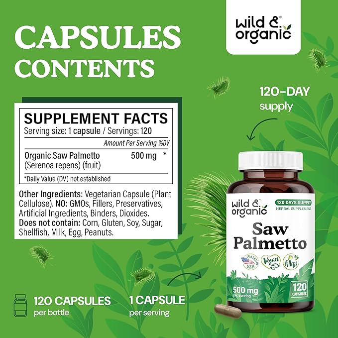 Wild & Organic Saw Palmetto Capsules 500 mg - Urinary Tract Support for Men & Women - Pure Saw Palmetto Supplement - Serenoa Repens Berries - 120 Days of Supply - Vegan, Non-GMO - 120 Count