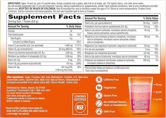Emergen-C 1000mg Vitamin C Immune Support Powder Raspberry 30CT includes Zinc, Manganese, 7 B Vitamins and Electrolytes for Back to School Essentials