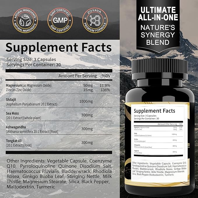 Shilajit Supplement with Sea Moss, Ashwagandha, Tongkat Ali - Shilajit Pure Himalayan Organic Fulvic Acid Capsules - 90 Count
