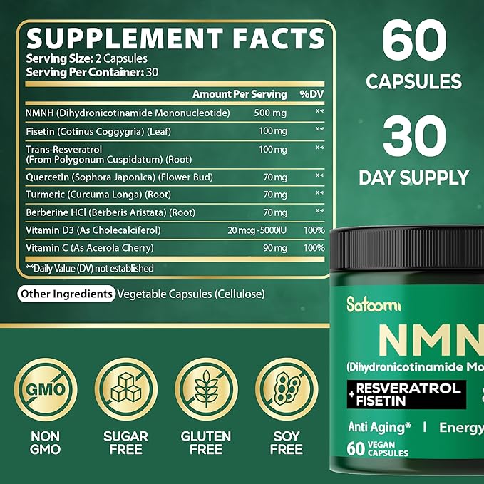 Satoomi 8in1 NMNH - NMN Supplement Alternative - NAD Supplement to Support NAD Levels Added Fisetin, Resveratrol, Quercetin, Turmeric, Berberine, Vitamin D3 & C - 60 Count for 30 Days