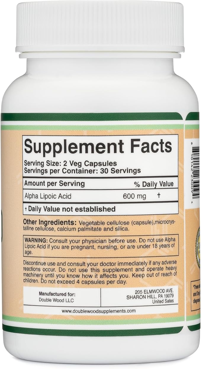 Alpha Lipoic Acid 600mg per Serving, 60 Capsules (Third Party Tested, Non-GMO, Gluten Free, Vegan Safe) Cellular Energy Support (ALA Supplement) by Double Wood