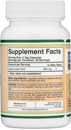 Alpha Lipoic Acid 600mg per Serving, 60 Capsules (Third Party Tested, Non-GMO, Gluten Free, Vegan Safe) Cellular Energy Support (ALA Supplement) by Double Wood