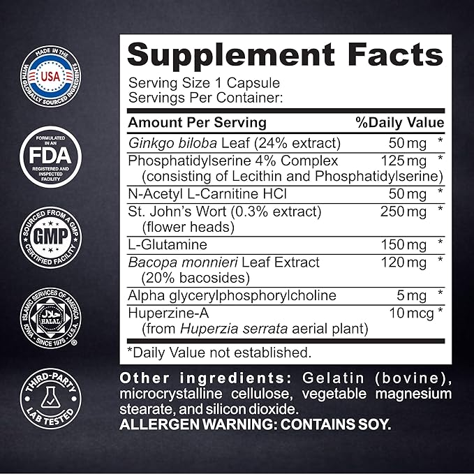 Brain Supplement for Memory & Focus – NSF Certified & Eurofins Tested Nootropic | Ginkgo Biloba, Huperzine A, Bacopa Monnieri, Phosphatidylserine, Caffeine-Free Vegan, 90 Capsules 3-Month Supply