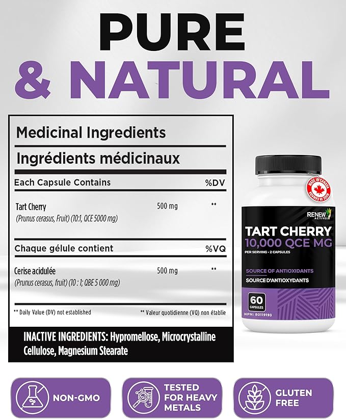Renew Actives Tart Cherry Extra 500mg per 2 Capsules – High-Potency Antioxidant for Free Radical Protection & Wellness – 60 Easy-to-Swallow Capsules – Made in Canada