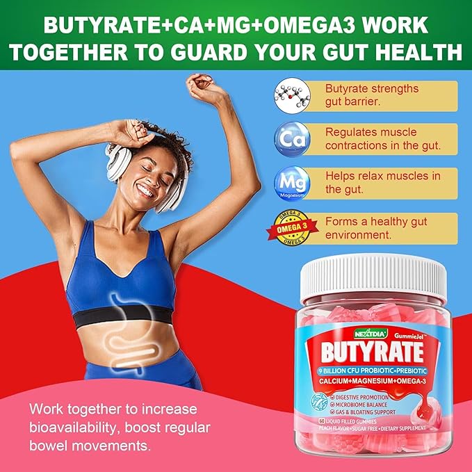 Nextdia Butyrate Gummies with Probiotic + Prebiotic + Postbiotic + Fiber Gummies for Adults