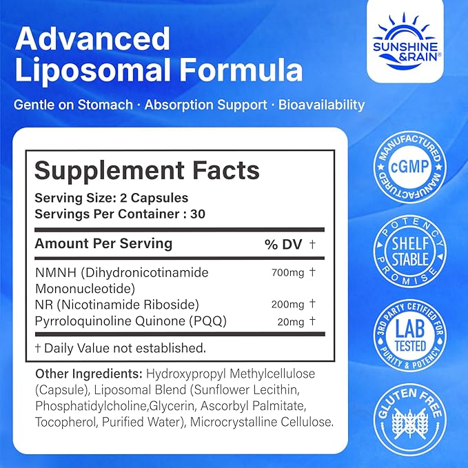 Sunshine & Rain Steady Energy Without Caffeine Crashes – Liposomal NMNH + NR + PQQ NAD⁺ Support Capsules for Cellular Energy, Focus & Healthy Aging | 180 Capsules