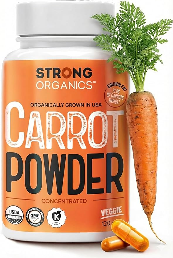USA Grown Organic Carrot Juice Powder Capsules – Raw Cold-Pressed for Maximum Nutrients – Rich in Beta Carotene for Eye Support & Skin Health – Whole Food Vitamin A – 120 Vegan Pullulan Caps, Kosher