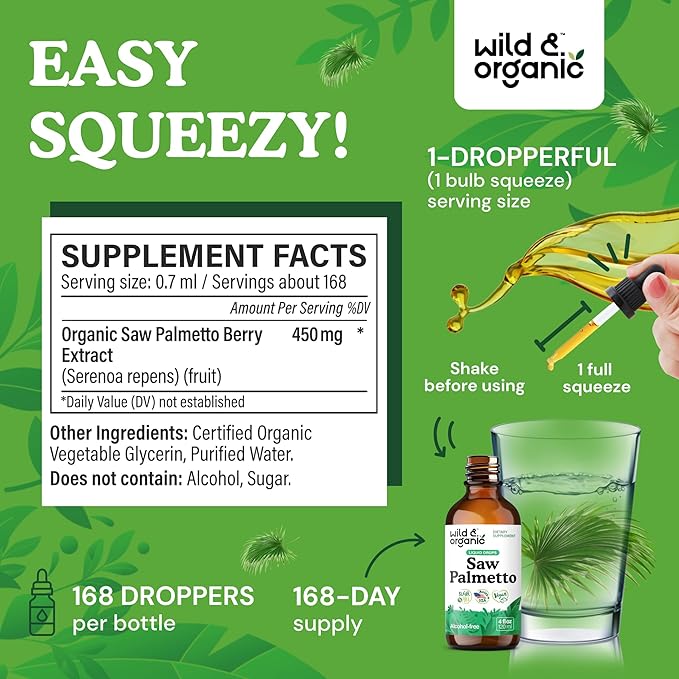 Wild & Organic Saw Palmetto for Men & Women - Urinary Tract & Hair Support - Saw Palmetto Extract Liquid Drops - Add to Tea - Serenoa Repens Berries Supplement - Vegan, Sugar & Alcohol-Free - 4 fl oz