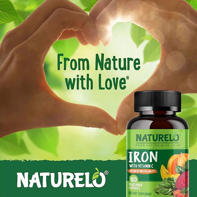 NATURELO Vegan Iron Supplement with Vitamin C and Organic Whole Foods - Gentle Iron Pills for Women & Men with Iron Deficiency Including Pregnancy, Anemia and Vegan Diets - 180 Mini Capsules