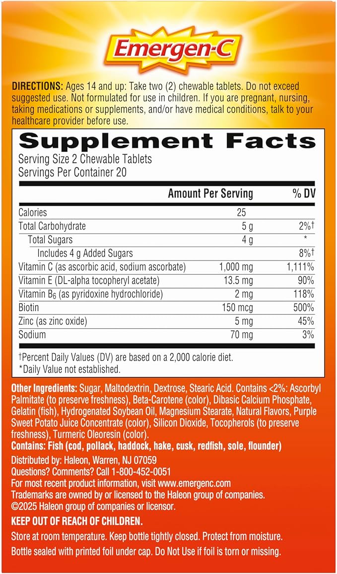 Emergen-C Chewable Vitamin C 1000mg, With B Vitamins And Antioxidants Tablet (40 Count, Orange Blast Flavor), Dietary Supplement